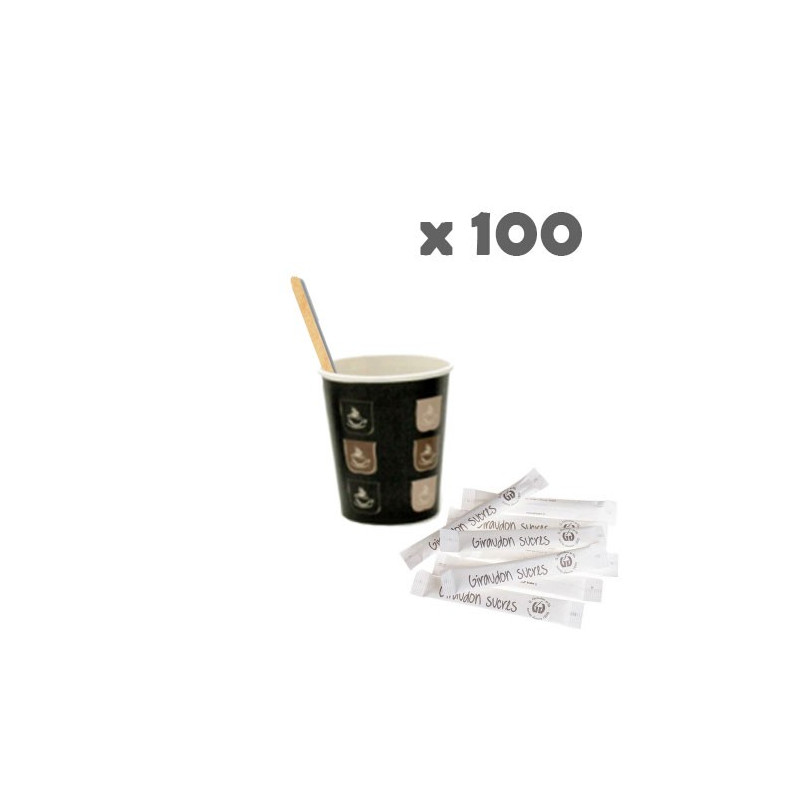 Pack 100 cafés : 100 touilleuses + 100 gobelets + 100 buches de sucres