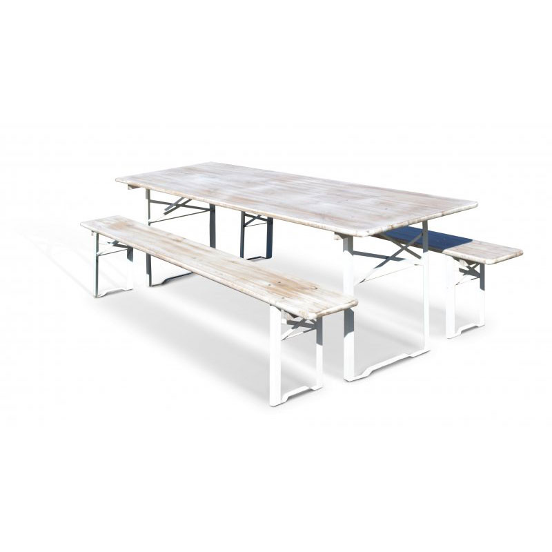 Location Table de Brasserie Pliante et 2 Bancs pliants "Blanc Vieilli" 220 cm x 70 cm